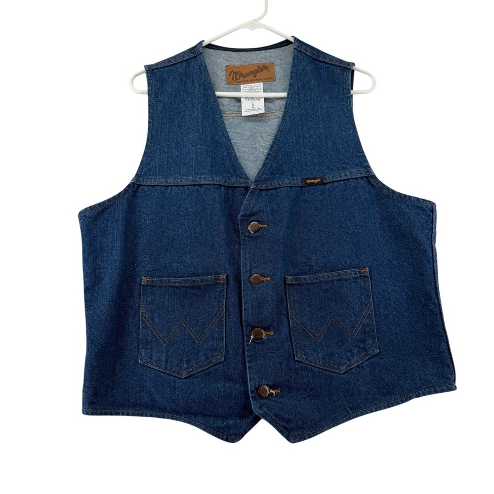Vintage Wrangler Denim Western Trucker Vest Mens Large Blue 74130PW Ranchwear